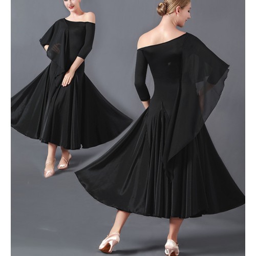 Black ballroom dance dresses for women inclined shoulder Waltz dance skirt sexy oblique shoulder modern dance practice tango dance dresses